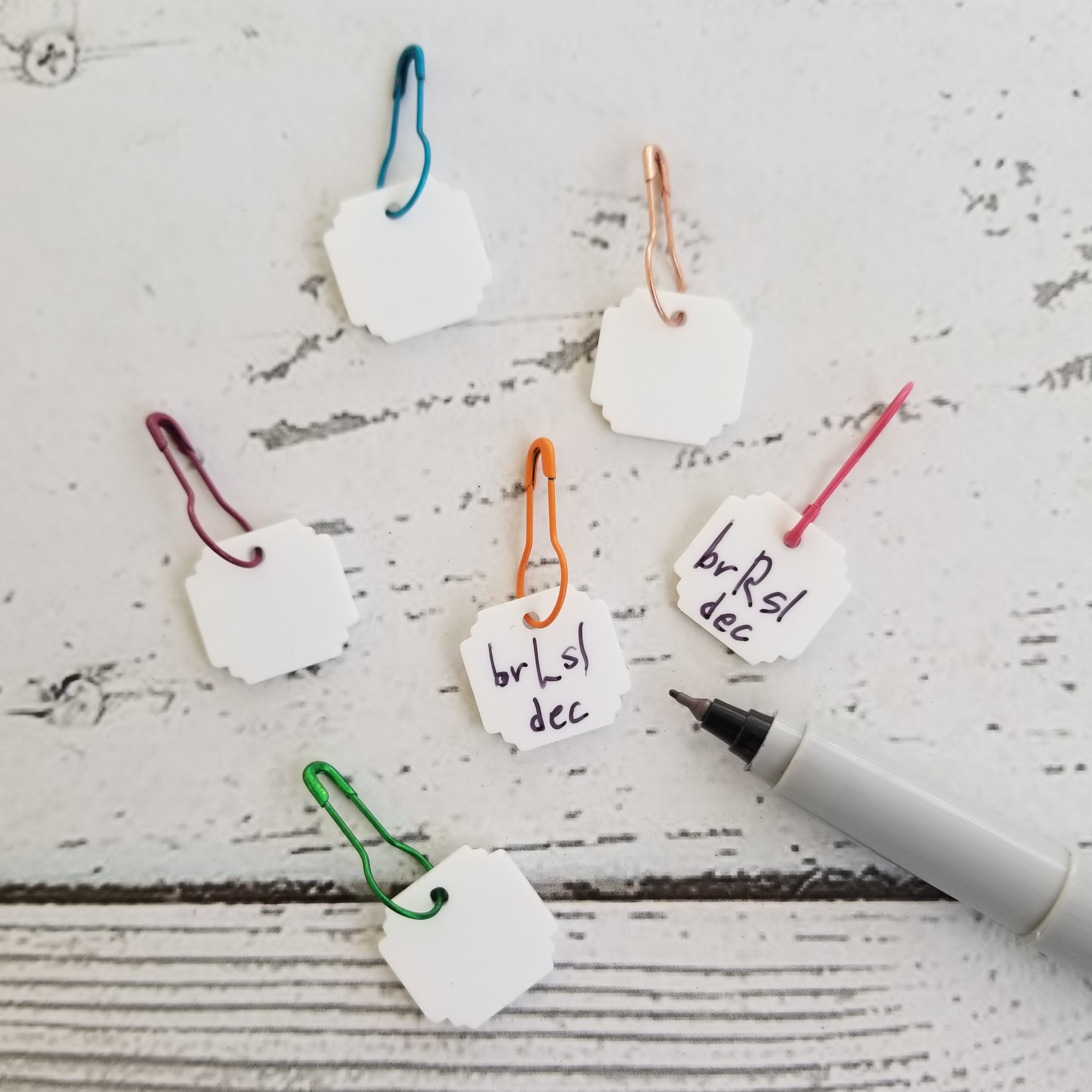 Write On / Wipe Off White Acrylic Stitch Marker Set on Assorted Color Pins